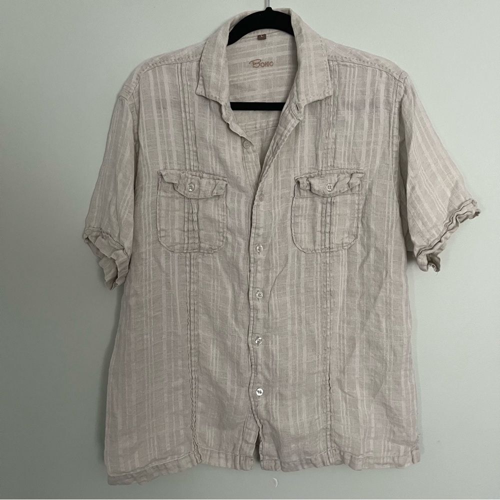 Bohio Linen Striped Button Front Shirt Cream Tan Button Detail Size Large